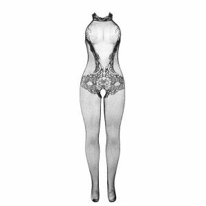 SUBBLIME - 951801 FISHNET AND LACE CROTCHLESS BODYSTOCKING WITH HIGH NECK BLACK ONE SIZE