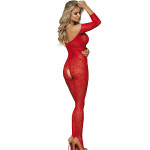 SUBBLIME - 951825 FISHNET CROTCHLESS BODYSTOCKING WITH RED ROSES PATTERN XS/M