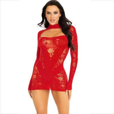 DML-D-237734-LEG AVENUE - MINI VESTIDO DE ENCAJE CON MANGA LARGA ROJO