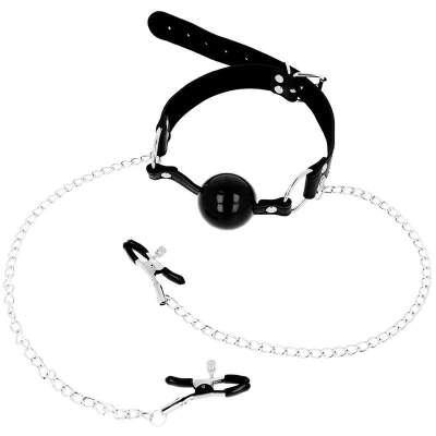 DML-D-231899-OHMAMA FETISH BLACK BALL GAG WITH NIPPLE CLAMPS