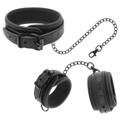 DML-D-218911-FETISH SUBMISSIVE - VEGAN LEATHER NECKLACE AND HANDCUFFS WITH NOPRENE LINING