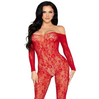 DML-D-245347-LEG AVENUE - 89366 LACE LINGERIE BODYSTOCKING RED - ONE SIZE