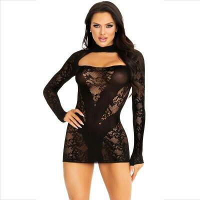 DML-D-237733-LEG AVENUE - MINI VESTIDO DE ENCAJE CON MANGA LARGA NEGRO