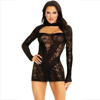 DML-D-237733-LEG AVENUE - MINI DRESS WITH LACE LONG SLEEVE BLACK