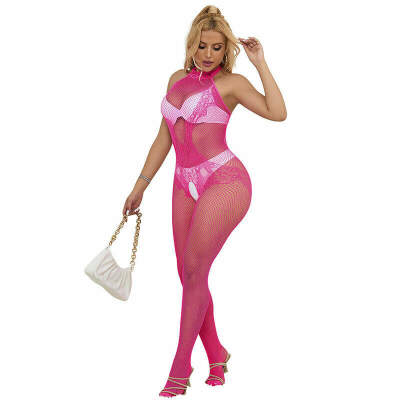 SUBBLIME - 952389 BODYSTOCKING CROTCHLESS DE REJILLA Y ENCAJE CON CUELLO ALTO ROSA TALLA ÚNICA