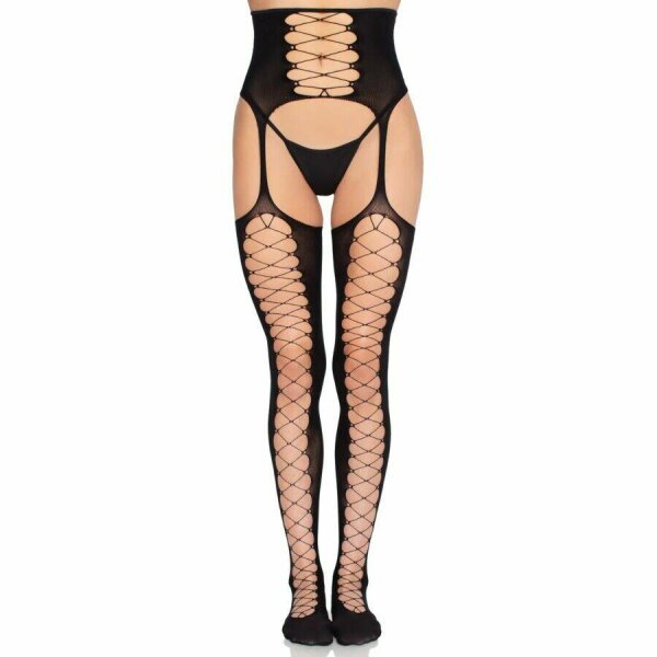LEG AVENUE - 1968 STOCKINGS WITH ATTACHED GARTER BELT BLACK - ONE SIZE