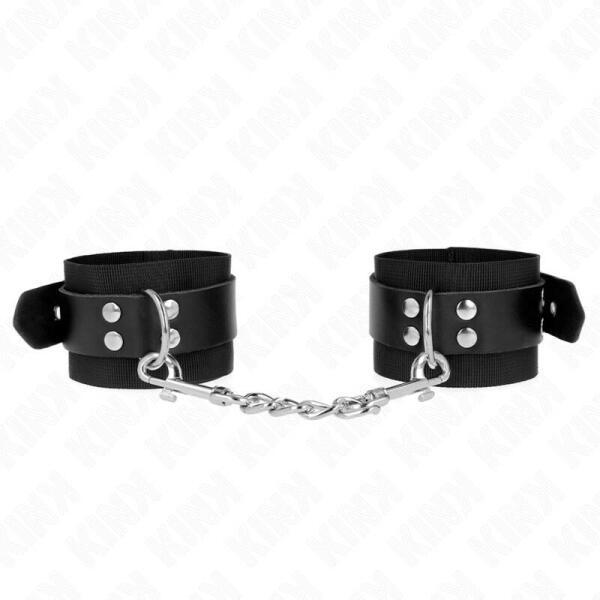 KINK - NYLON WRIST RESTRAINTS BLACK WITH LEATHER BELT BLACK ADJUSTABLE 19-29 CM X 5.1 CM