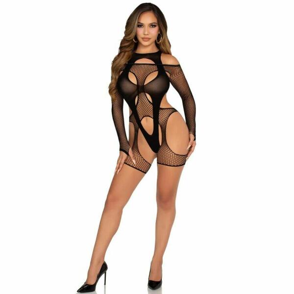 LEG AVENUE - FISHNET BODYSTOCKING WITH GARTER BELT AND HARNESS BLACK
