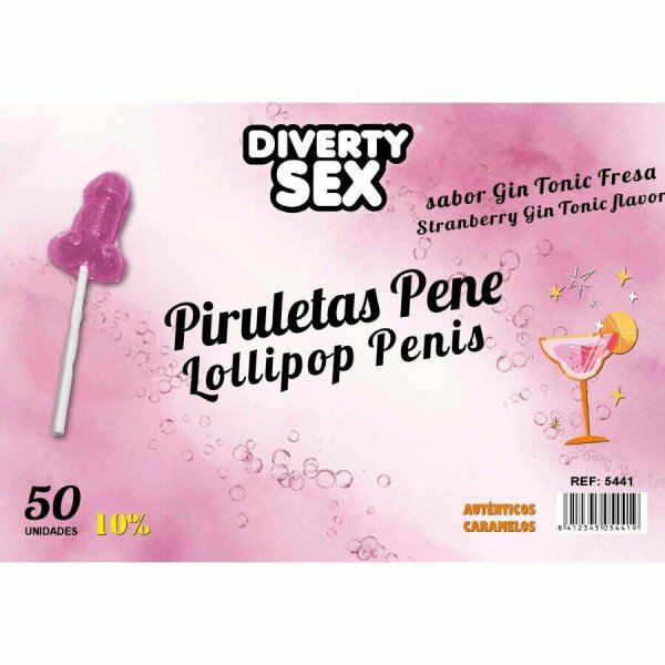 DIABLO GOLOSO - 50 PENIS LOLLIPOPS GIN TONIC STRAWBERRY FLAVOR 10% ALCOHOL