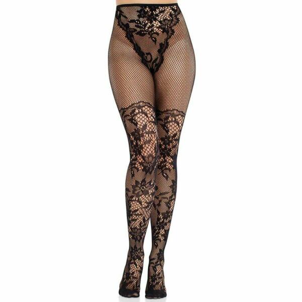 LEG AVENUE - DAHLIA LACE STOCKINGS WITH NET DETAIL BLACK