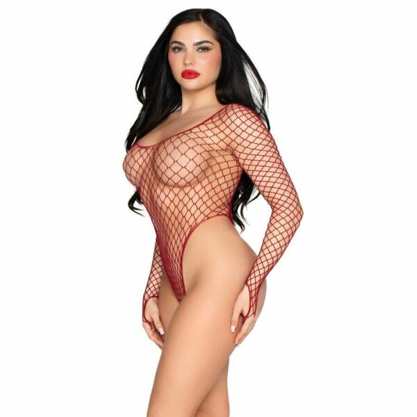 LEG AVENUE - 89377 HIGH-CUT INDUSTRIAL NET BODYSUIT RED - ONE SIZE