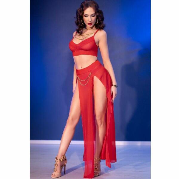 CHILIROSE - CR 4850 RED TOP AND LEGGINGS SET WITH GOLDEN ACCESSORIES S
