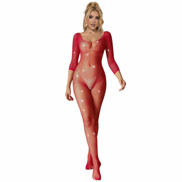 SUBBLIME - 952419 FISHNET BODYSTOCKING WITH DIAMONDS LONG SLEEVE RED XS/M