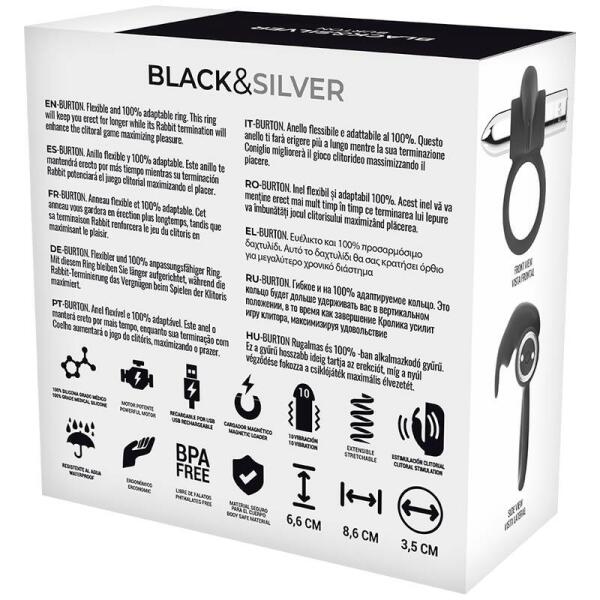 BLACK&SILVER - BURTON RECHARGEABLE RING 10 VIBRATION MODES