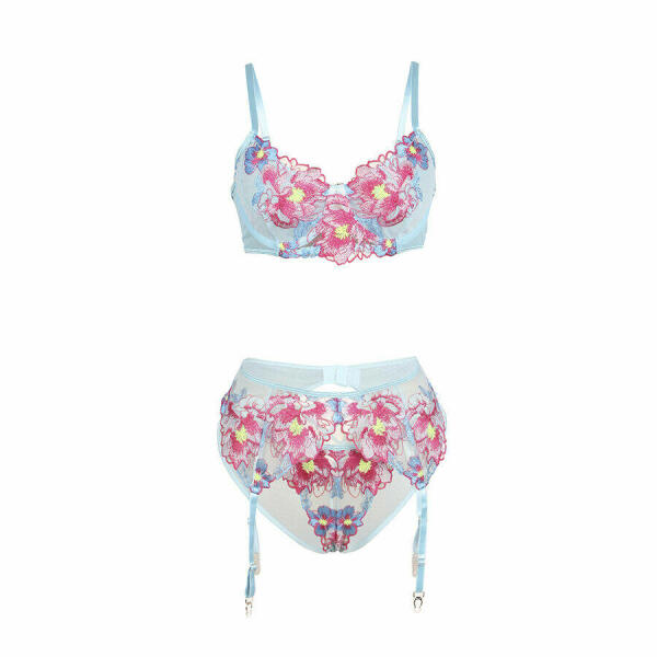 SUBBLIME - 957650 FLOWER EMBROIDERED BRA AND GARTER BELT SET PINK L/XL