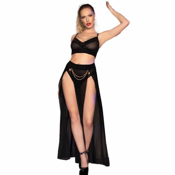 CHILIROSE - CR 4672 BLACK TOP SKIRT AND THONG WITH GOLDEN CHAINS XL