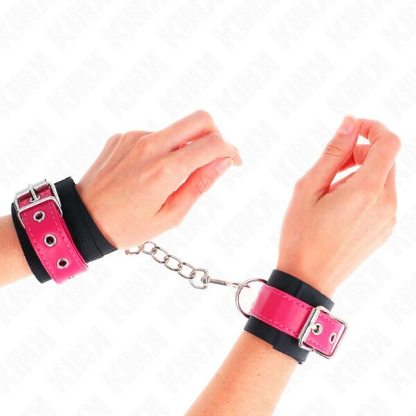 KINK - NYLON WRIST RESTRAINTS BLACK WITH LEATHERETTE BELT RASPBERRY ROSE ADJUSTABLE 19-29 CM X 5.1 CM
