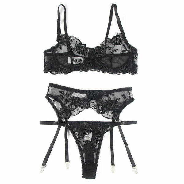 SUBBLIME - SET OF 3 PIECES BRA + THONG + GARTER FLORAL PRINT BLACK L/XL