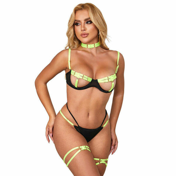 SUBBLIME - 955281 BRA SET WITH NECKLACE AND LEG DETAILS FLUORESCENT GREEN L/XL