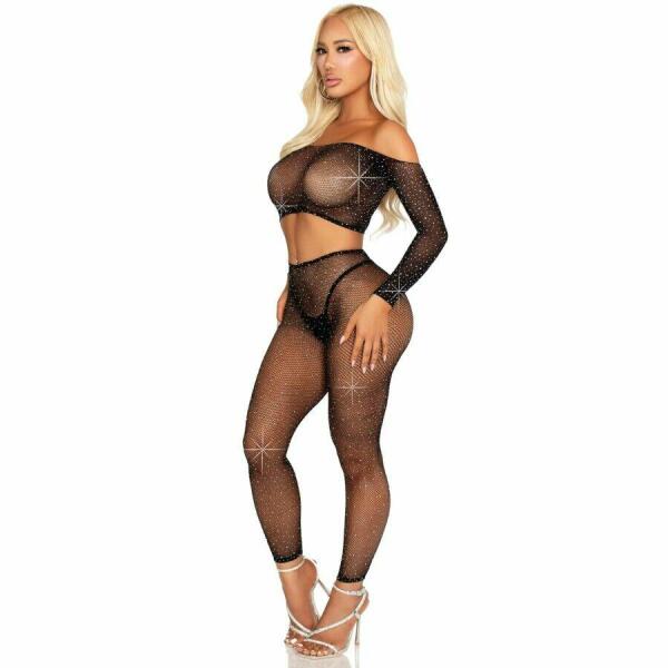 LEG AVENUE - CROP TOP AND FISHNET LEGGING WITH RHINESTONES BLACK