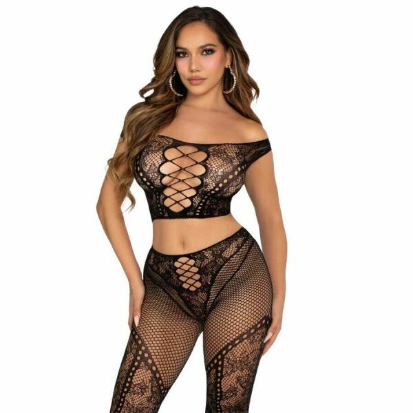LEG AVENUE - CROP TOP AND FISHNET LEGGING WITH BARE SHOULDERS BLACK