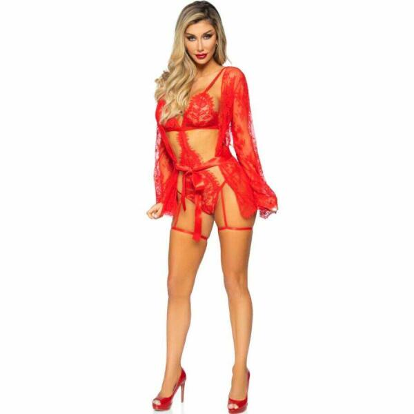 LEG AVENUE - 86123 TEDDY + GARTER ROBE SET RED SIZE S