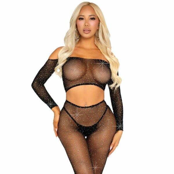 LEG AVENUE - CROP TOP AND FISHNET LEGGING WITH RHINESTONES BLACK