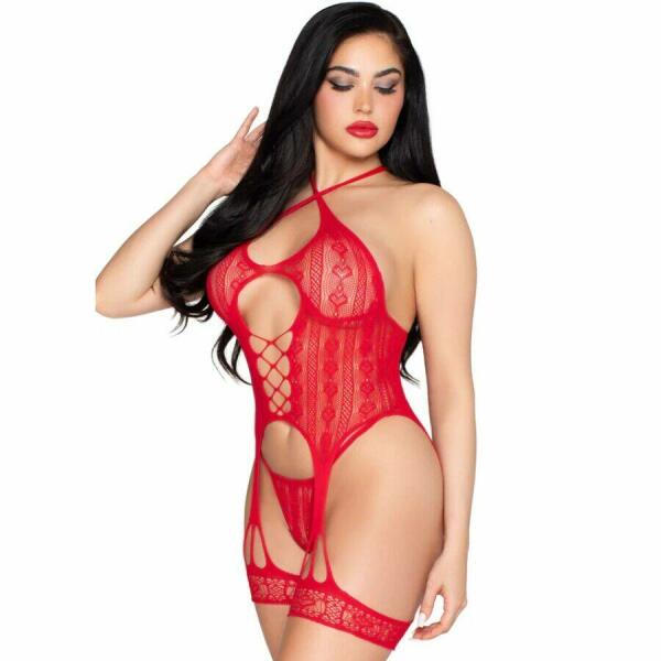 LEG AVENUE - 89338 LACE OPEN BODYSUIT WITH GARTER BELT + THONG RED - ONE SIZE