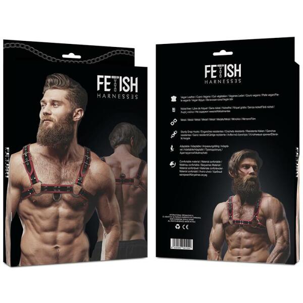 FETISH SUBMISSIVE ATTITUDE - MENS ECO-LEATHER CHEST HARNESS BLACK/RED