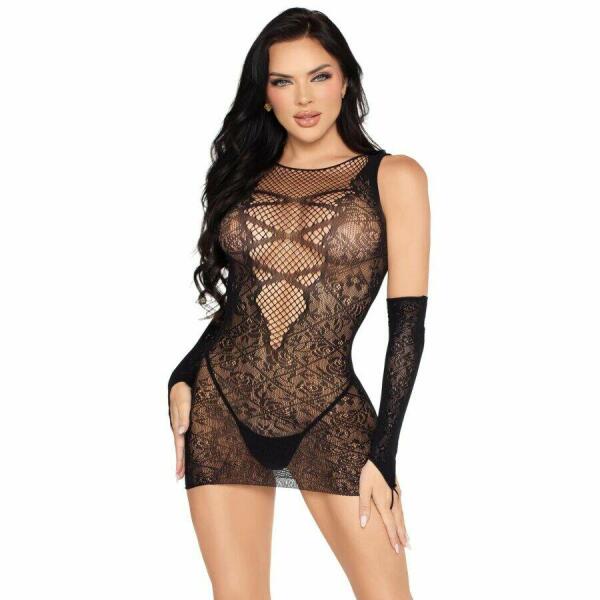 LEG AVENUE - 81679 MINI DRESS AND MATCHING GLOVES BLACK - ONE SIZE