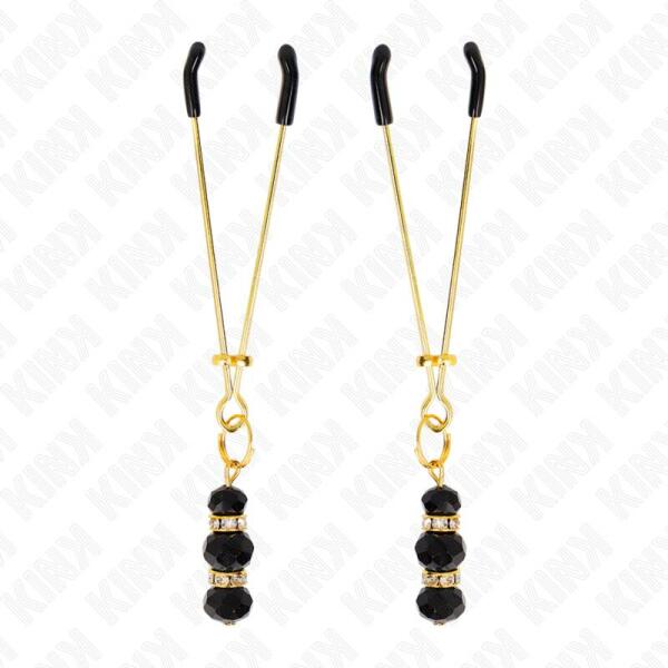 KINK - GOLD THIN NIPPLE CLAMPS WITH 3 BLACK GLASS BEADS 7 CM