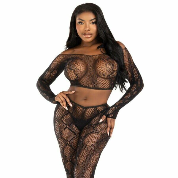 LEG AVENUE - 89373 PYTHON CROP TOP & FOOTLESS TIGHTS BLACK - ONE SIZE