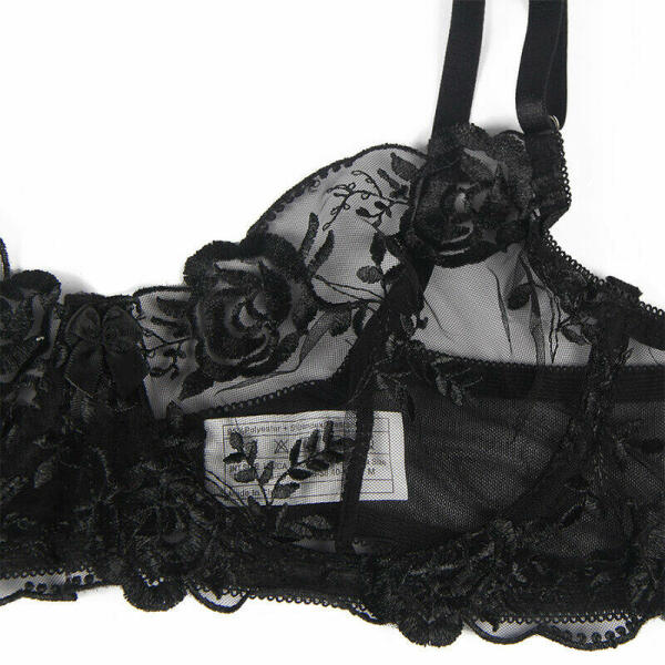 SUBBLIME - SET OF 3 PIECES BRA + THONG + GARTER FLORAL PRINT BLACK L/XL
