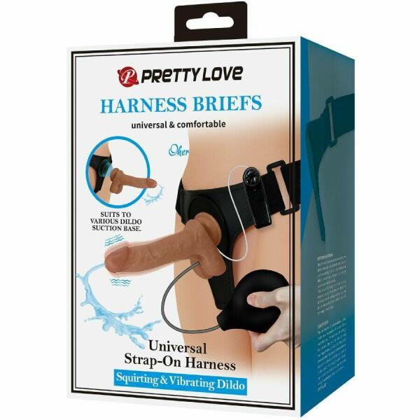 PRETTY LOVE - UNIVERSAL HARNESS BRIEFS WITH VIBRATING AND SQUIRTING DILDO 15.5 CM MULATO