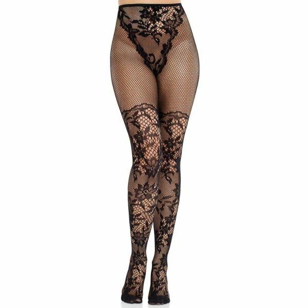 LEG AVENUE - DAHLIA LACE STOCKINGS WITH NET DETAIL BLACK