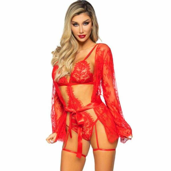 LEG AVENUE - 86123 TEDDY + GARTER ROBE SET RED SIZE M