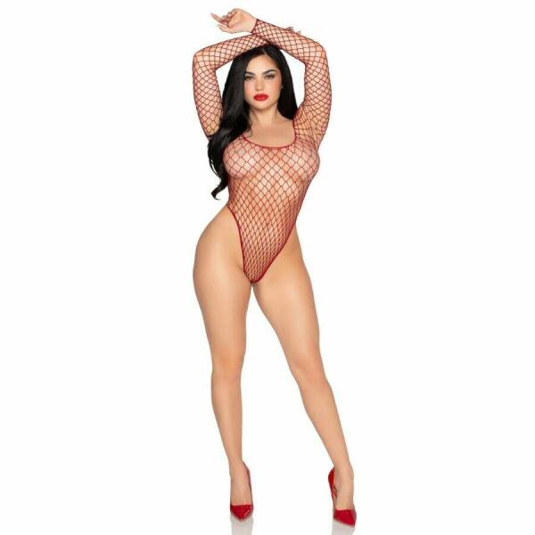 LEG AVENUE - 89377 HIGH-CUT INDUSTRIAL NET BODYSUIT RED - ONE SIZE