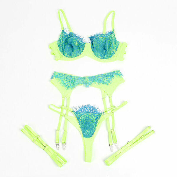 SUBBLIME - 955328 BRA SET WITH LACE AND GARTER LINES GREEN AND BLUE L/XL