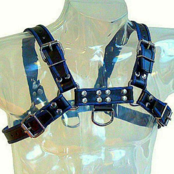 LEATHER BODY - BLUE AND BLACK LEATHER HARNESS CHEST BULLDOG