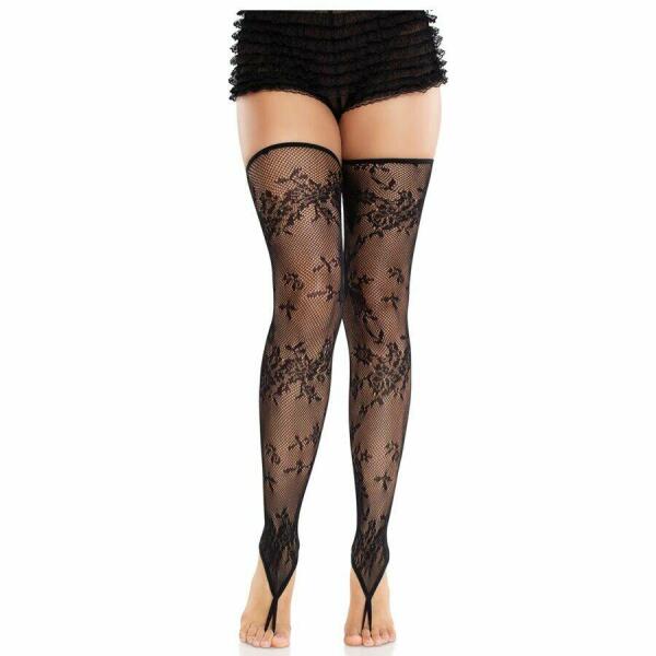 LEG AVENUE - FLORAL LACE FOOTLESS STOCKINGS BLACK