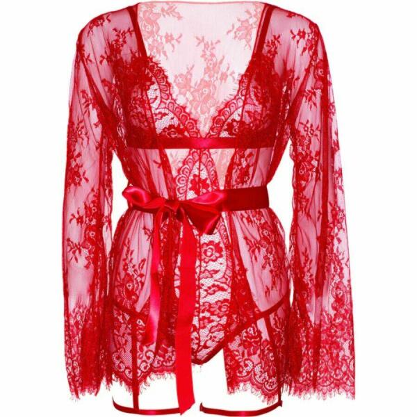 LEG AVENUE - 86123 TEDDY + GARTER ROBE SET RED SIZE S