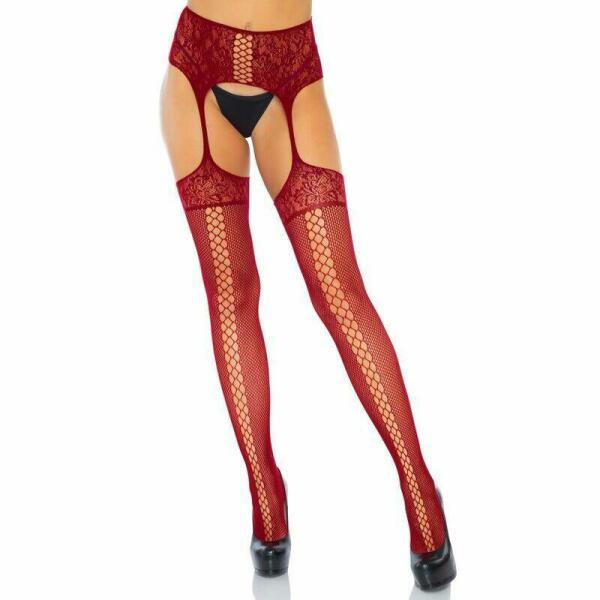 LEG AVENUE - MEDIAS DE ENCAJES CON LIGUERO BURDEOS TALLA UNICA