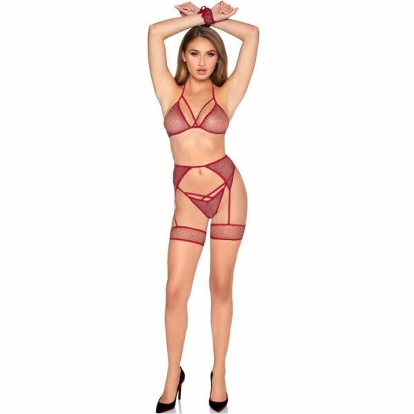 LEG AVENUE - 89362 TOP + THONG+ GARTER BELT + HANDCUFFS SET RED - ONE SIZE