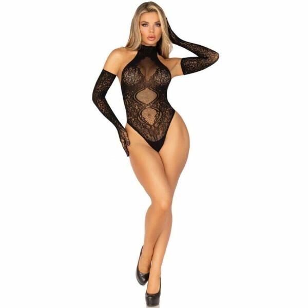 LEG AVENUE - 89363 OPEN BACK BODYSUIT + EXTRA LONG GLOVES SET - ONE SIZE
