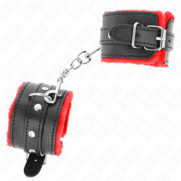 KINK - PREMIUM FUR LINED WRIST RESTRAINTS RED WITH BLACK BELT ADJUSTABLE 17-29 CM X 6 CM