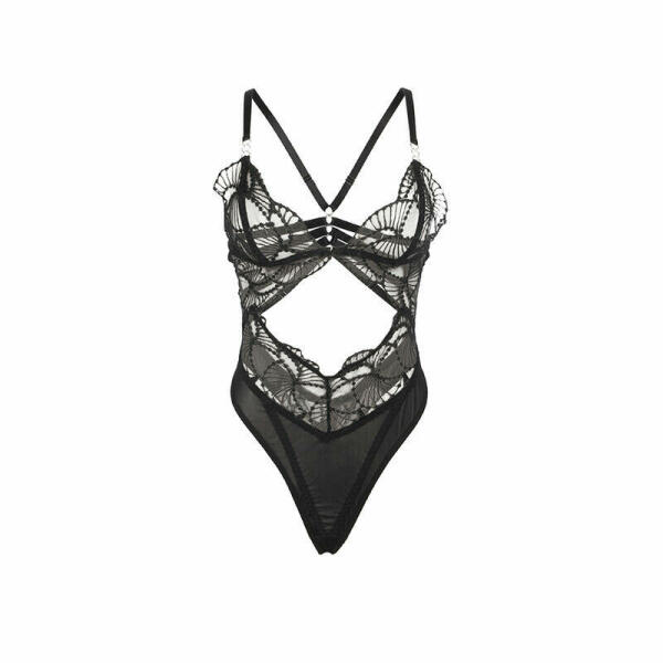 SUBBLIME - 955212 TRANSPARENT BODYSUIT WITH BLACK HOLLOW LACE S/M