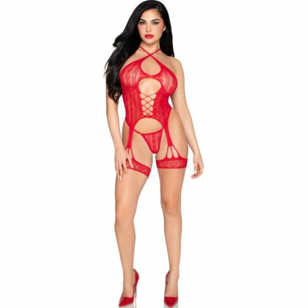 LEG AVENUE - 89338 LACE OPEN BODYSUIT WITH GARTER BELT + THONG RED - ONE SIZE