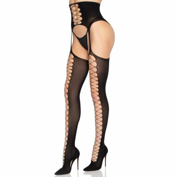 LEG AVENUE - 1968 STOCKINGS WITH ATTACHED GARTER BELT BLACK - ONE SIZE