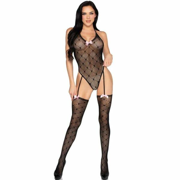 LEG AVENUE - 89360 OPEN BACK BODYSUIT WITH GARTER BELT BLACK- ONE SIZE
