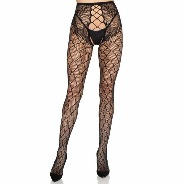 LEG AVENUE - 1966 NET TIGHTS WITH CROTCHLESS PANTY BLACK - ONE SIZE